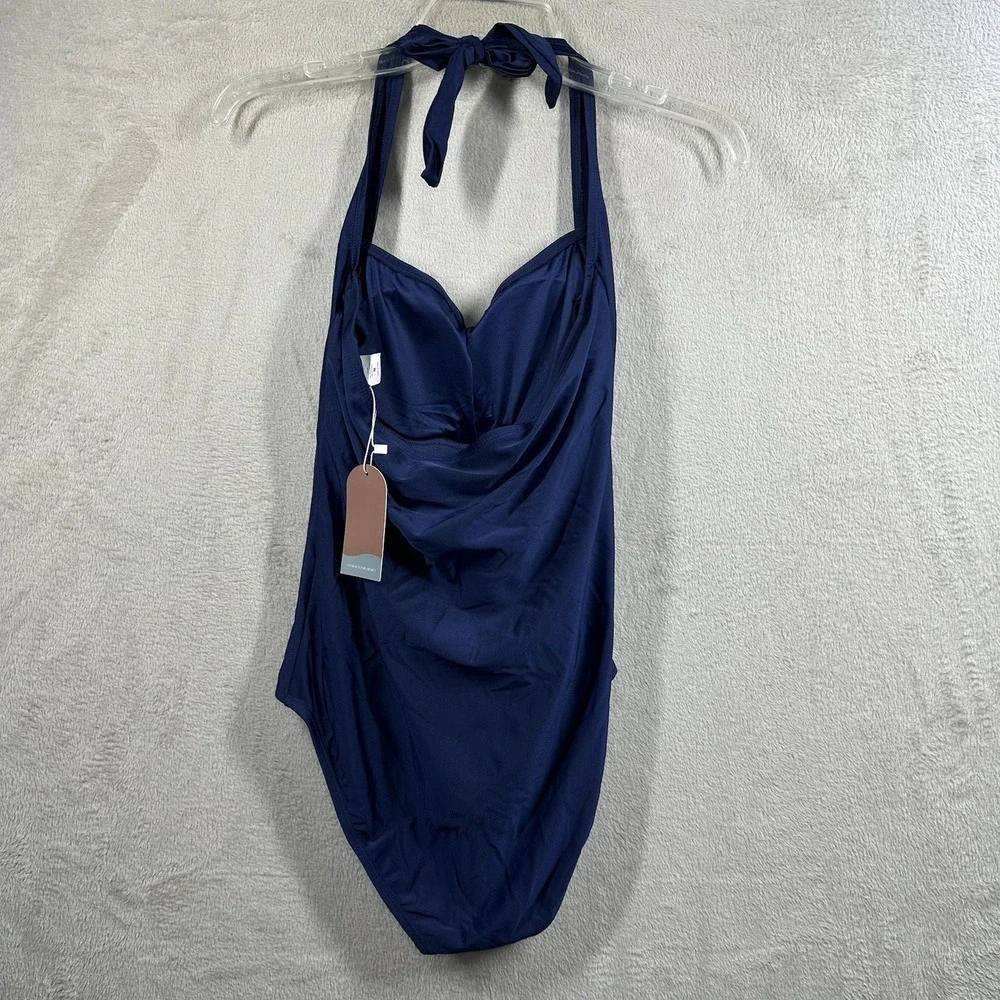 Smismivo Tummy Control Swimwear Halter One‎ Piece Slimming Retro Swimsuit Blue